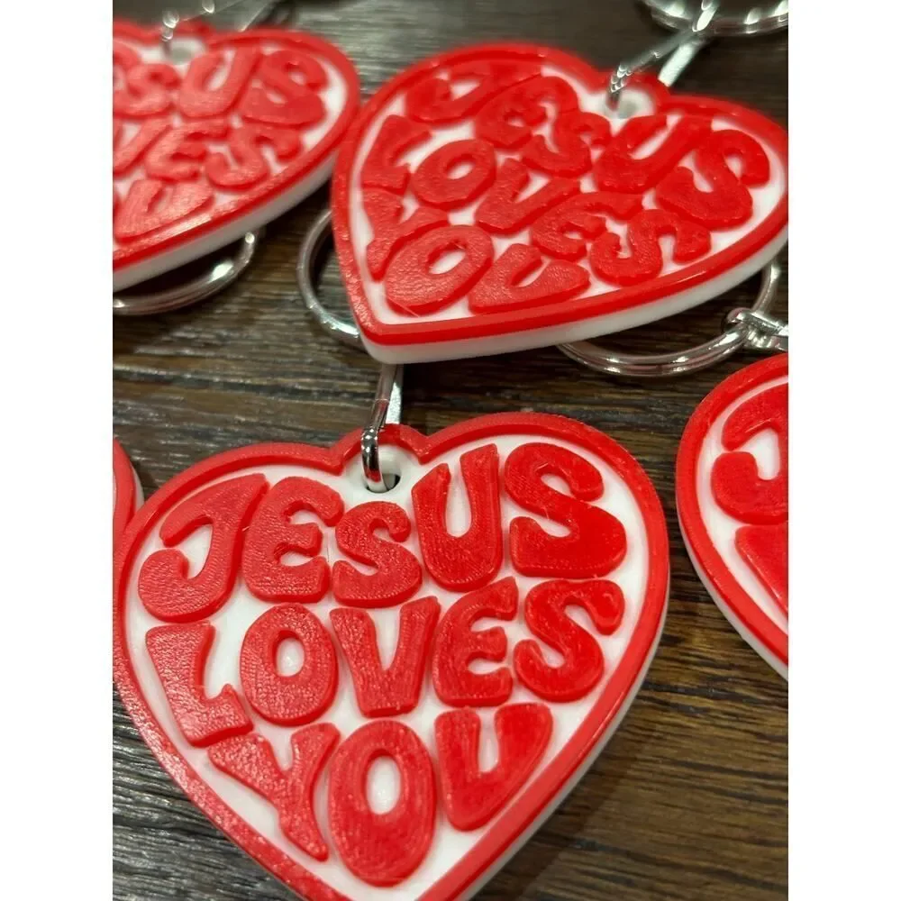 Jesus Loves You Heart Keychain | Red White Retro Christian Faith Gift (10 Pack)